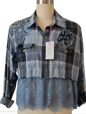 Re-created Women's Blue Plaid Lace-Hem Shirt with Floral Appliqués
